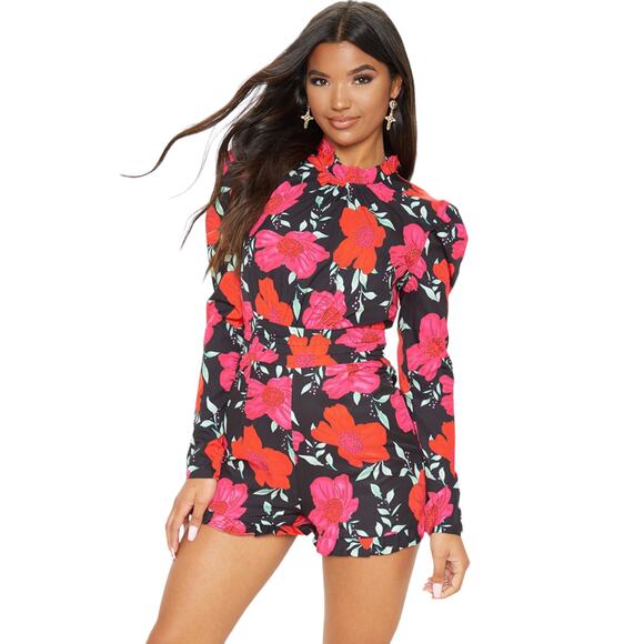 PRETTYLITTLETHING High Neck Romper - Black Floral - 2 - Picture 2 of 15